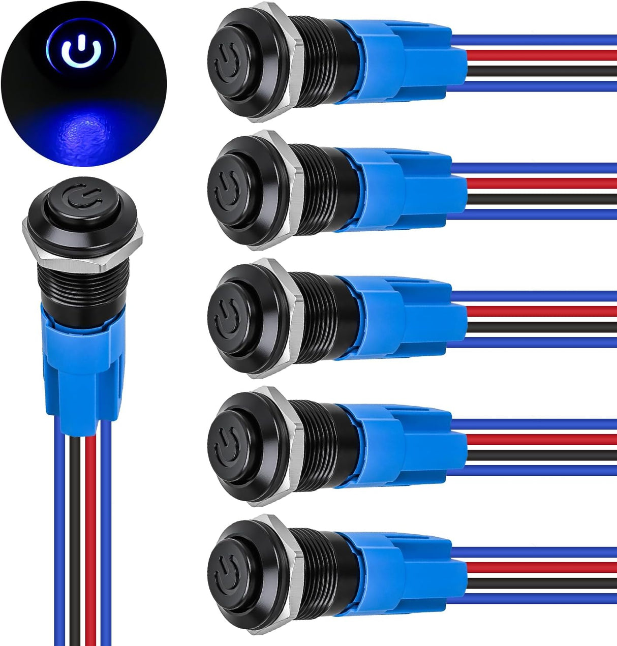 12mm Latching Push Button Switch 6pcs LED Blue Waterproof Small Round Power Button Switches with Pre-Wiring Socket for Car Truck Boat Marine RV Vehicle