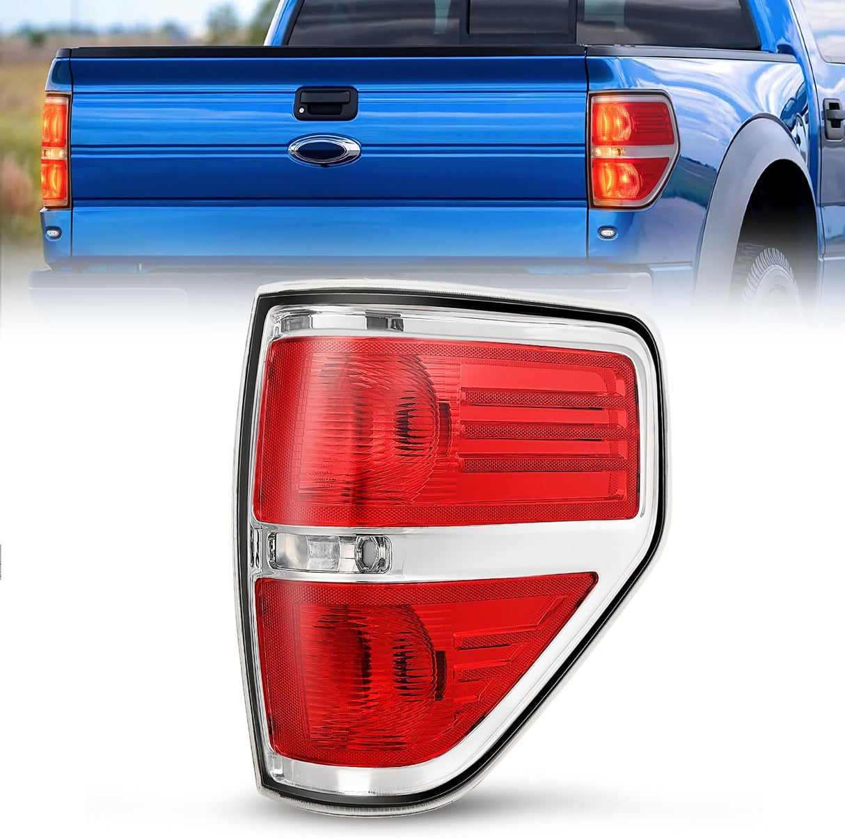 Taillight Assembly Compatible with 2009 2010 2011 2012 2013 2014 Ford F-150 F150 Pickup Truck Taillight Rear Lamp Replacement OE Style Red Housing Passenger side Chrome Trim