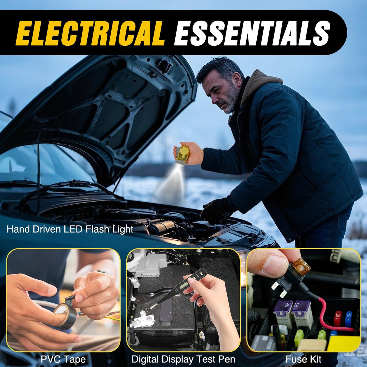 Car Emergency Kit with Jumper Cable Air Compressor Tire Repair Essential Tools First Aid Alligator Connector Electrical Kit for Travel Camping Outdoor Cars Truck SUV RV