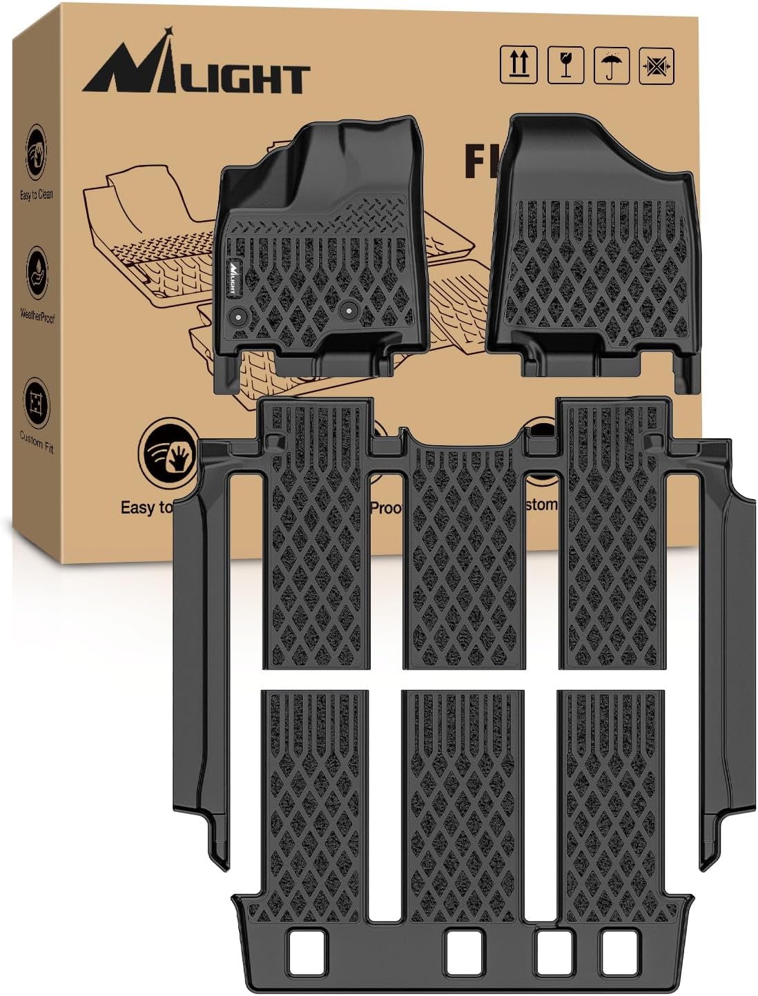 TPE Floor Mats for Toyota Sienna 7 Seat 2013 2014 2015 2016 2017 2018 2019 2020 (Without Center Console Only) All Weather Custom Fit Heavy Duty Floor Liners
