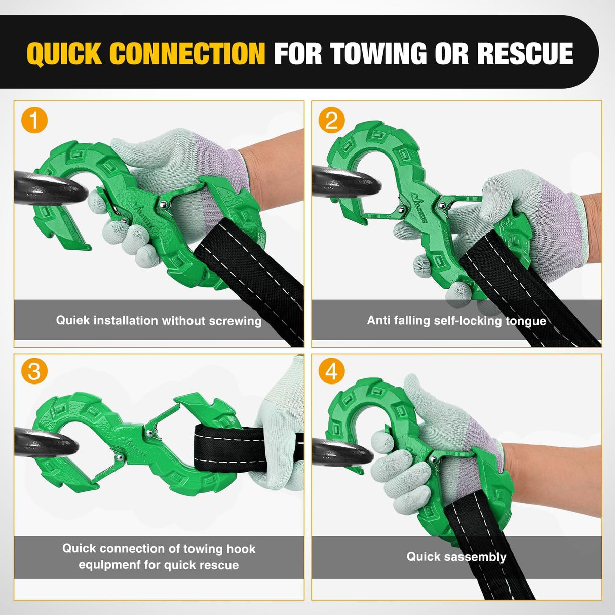 Quick Release S-Tow Shackle Hook – Heavy Duty Off-Road Recovery Hook, Fits Winch Rope & Recovery Strap, 11,000 LBS Working Load, for Jeep, SUV, ATV, Trailers, Forged Steel, Green