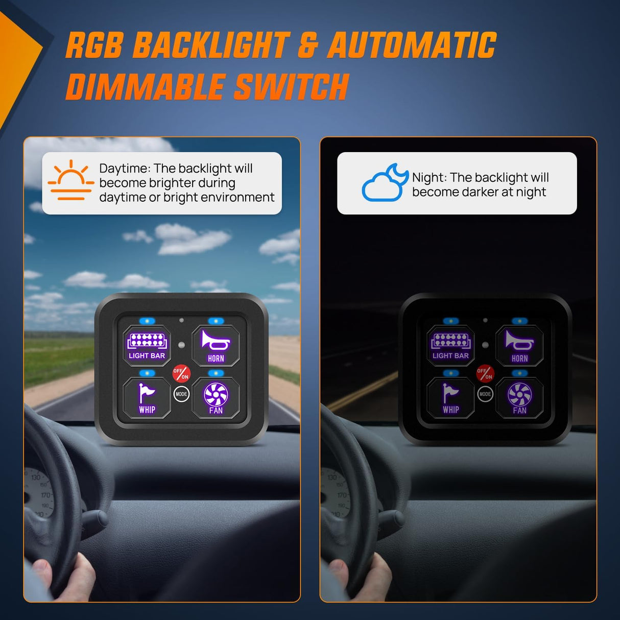 4 Gang Switch Panel 12V 24V Universal Circuit Control Relay System with RGB Backlight Fuse Wiring Harness Automatic Dimmable ON Off LED Pod for Car Pickup Truck Camper SUV