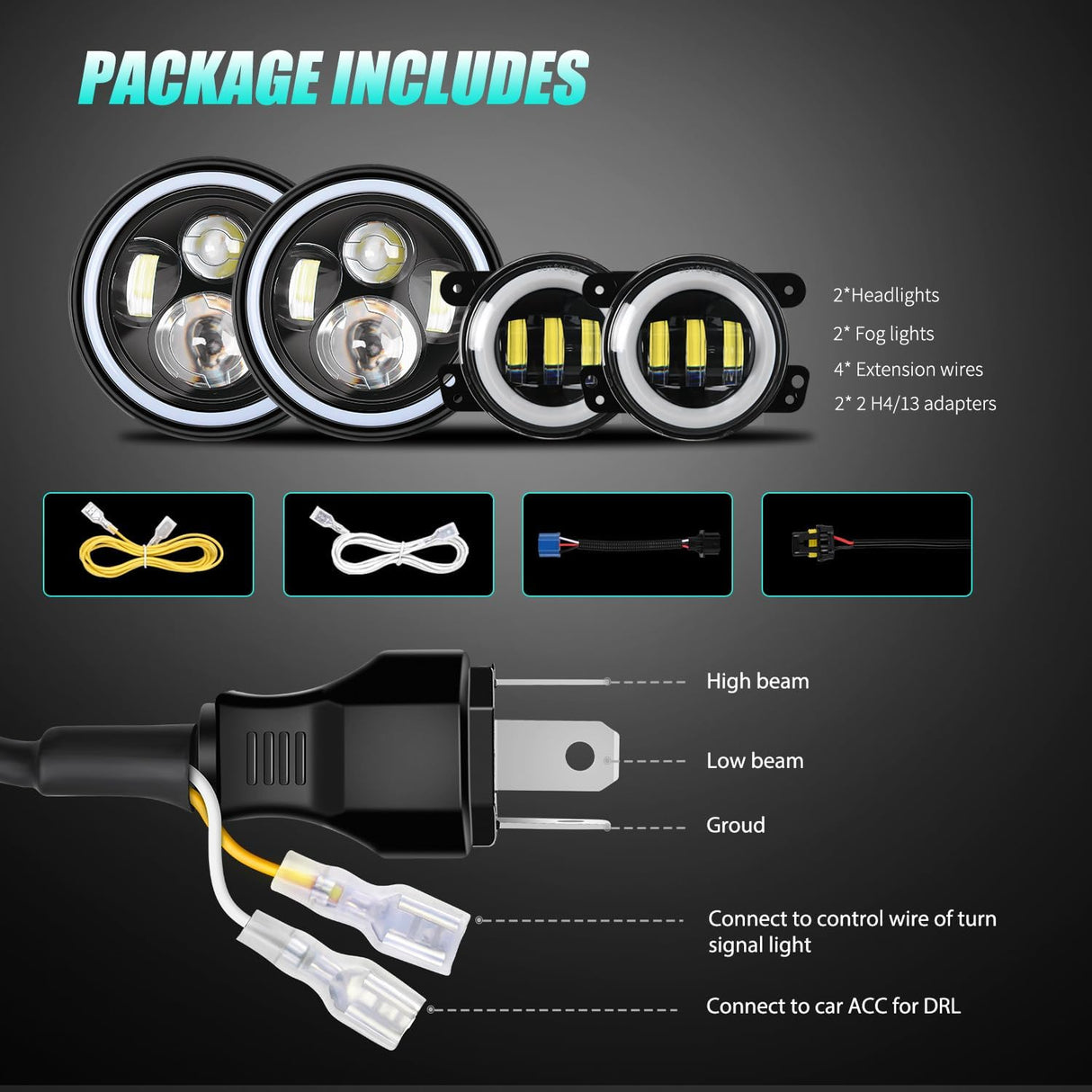 7 Inch Round LED Halo Headlights and 4 IN Fog Lights w/Turn Signal Amber White DRL High Low Beam Compatible with 2007 2008 2009 2010 2011 2012 2013 2014 2015 2016 2017 2018 Wrangler JK JKU