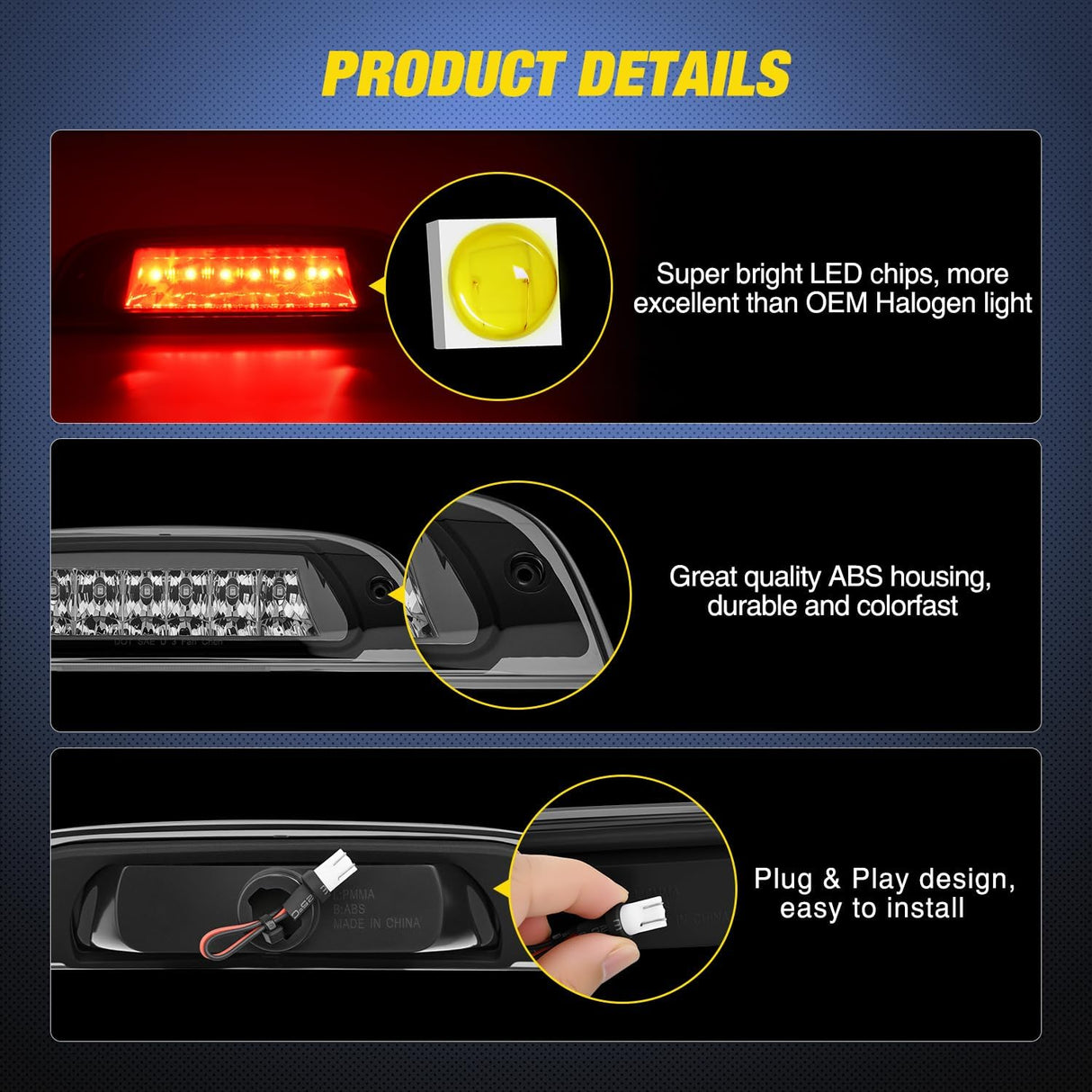 Third Brake Light Tail High Mount 3rd Stop Lights Smoked Lens Compatible with Jeep Liberty 2002 2003 2004 2005 2006 2007 Van SUV Rear Center Cab Lamp