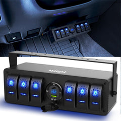 6Gang Aluminum 5Pin SPST Blue Rocker Switch Panel w/ PD Type C and USB Charger Voltmeter