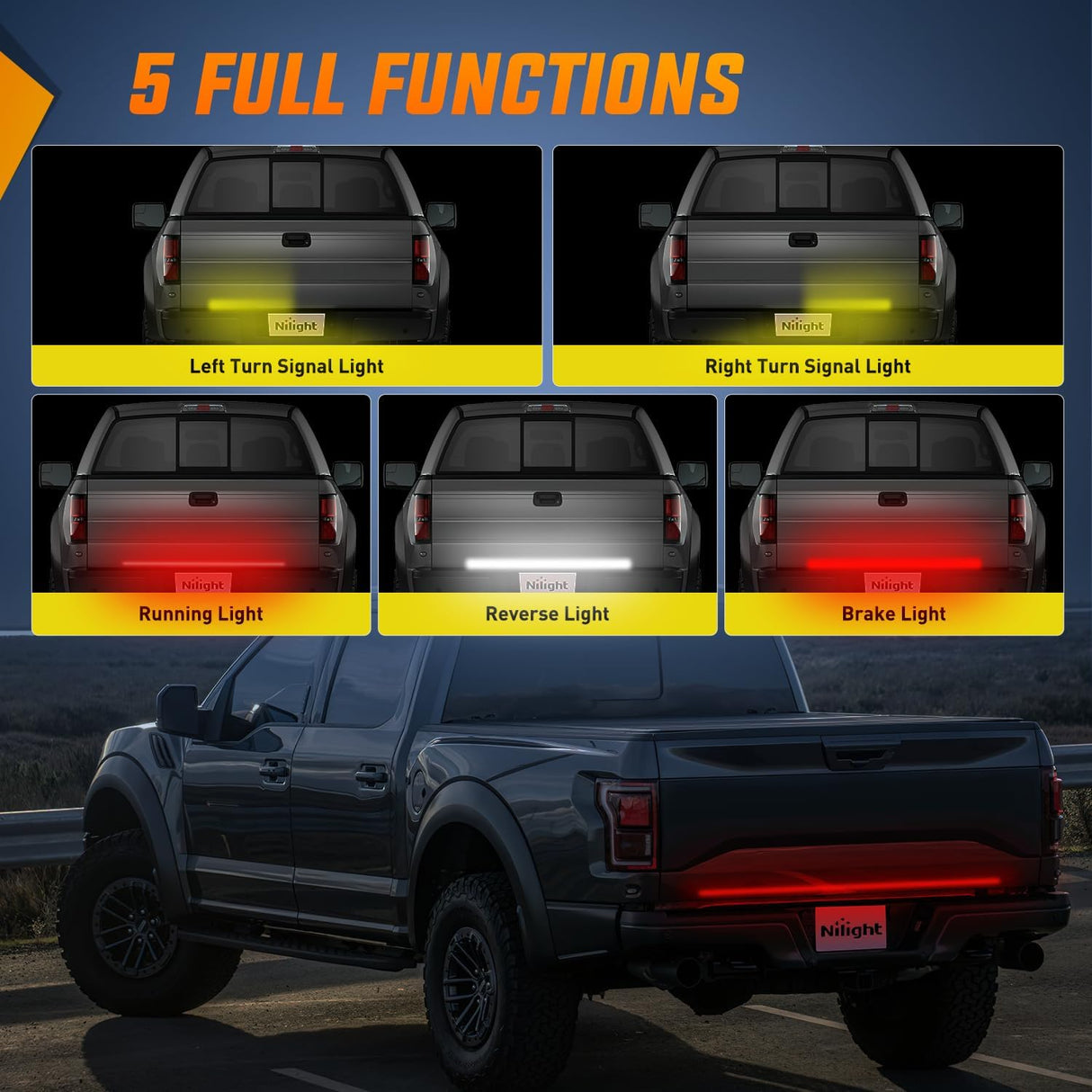 Truck Tailgate Light Strip 48 Inch Quad Row 528 LED Strip with Red Running Brake Lights White Reverse Lamp Amber Turn Signals Lights