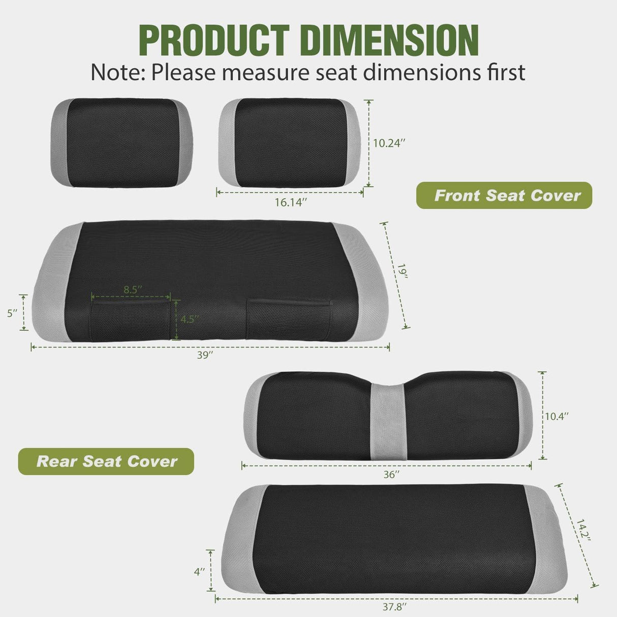 Golf Cart Seat Covers 2PCS Grey Black Club Car DS Yamaha | Breathable Sandwich Mesh Sun Scratch Resistant Washable No Staple Fits 1982-2000 Club Car DS Yamaha G22 G19 G16 G9 G2