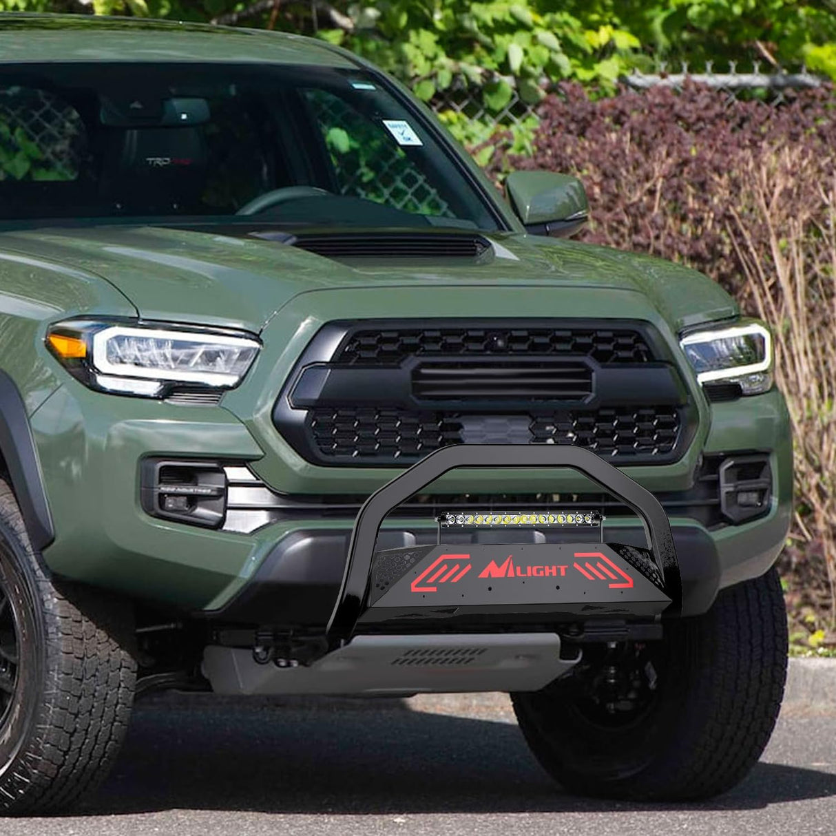 Bull Bar with Light Bar&License Plate Hole Compatible with Toyota Tacoma 2016 2017 2018 2019 2020 2021 2022 2023 Truck Brush Guard, Front Bumper Push Bar w/Grille Skid Plate Light Mount