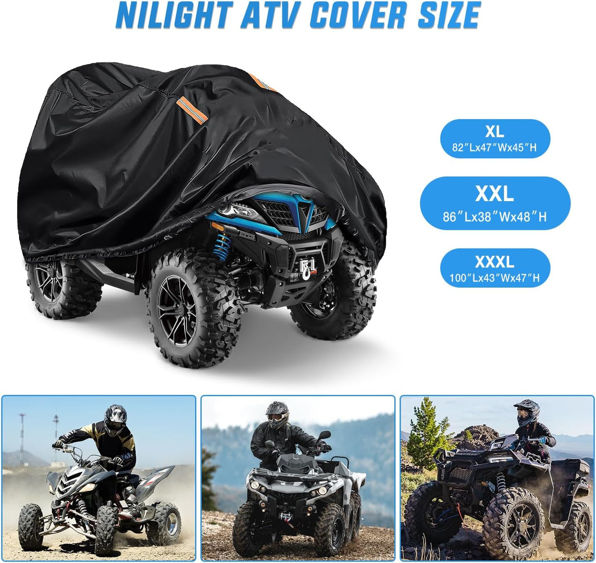 ATV Cover Waterproof 420D Heavy Duty Ripstop Material Black Protects 4 Wheeler from Snow Rain All Season All Weather UV Protection Fits up to 86 Inch Nilight