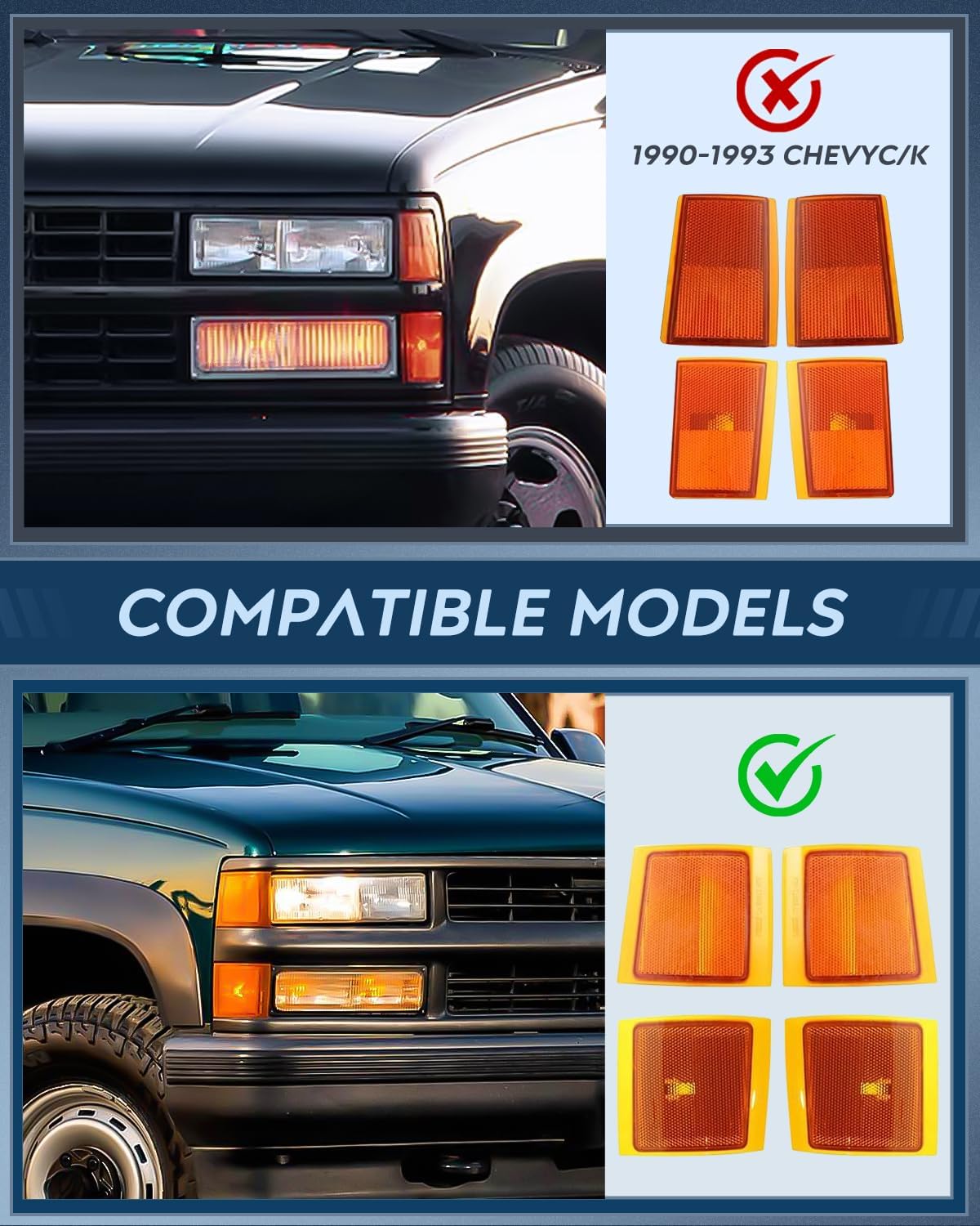 Headlight and Taillight Assembly Combo Compatible with 1994 1995 1996 1997 1998 Chevy Silverado Tahoe Suburban C10 C/K 1500 2500 3500 Tail Light Chrome Housing Amber Reflector Smoke Lens
