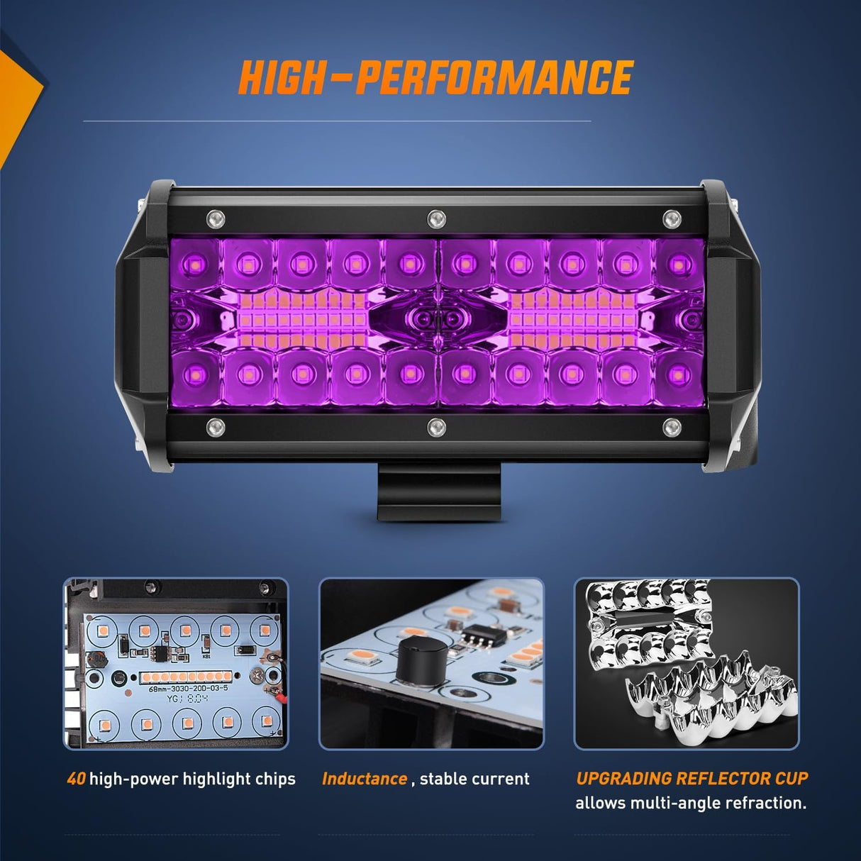 6.5 Inch LED Light Pods Purple Triple Row 2PCS 120W Flood Spot Combo Off Road Driving Decoration Neon Hunting Lighting for UTV Pick-up Van Boat Tractor