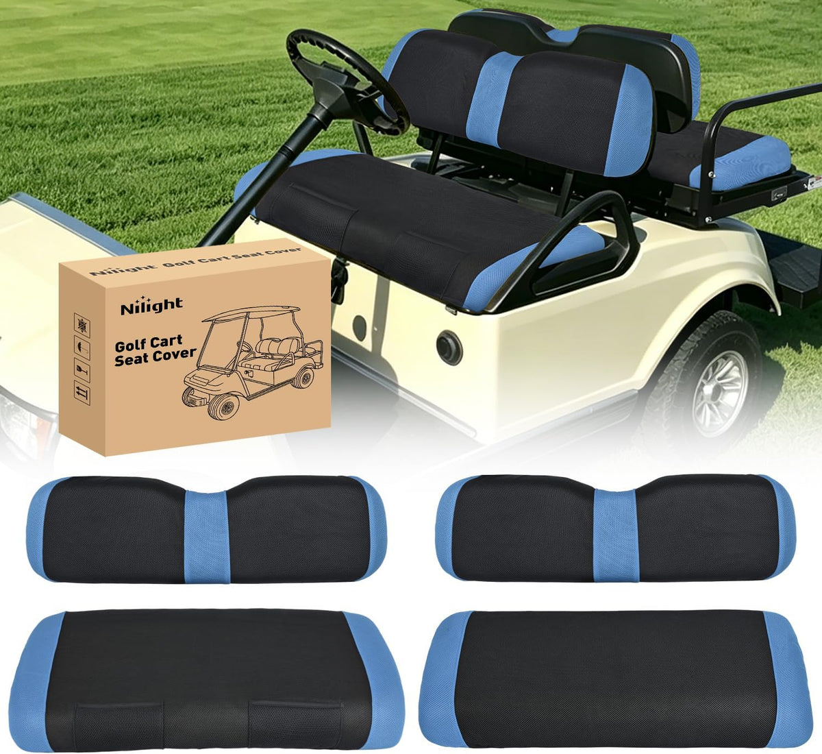 Golf Cart Seat Covers 2PCS Blue Black EZGO TXT RXV Club Car DS | Breathable Sandwich Mesh Sun Scratch Resistant Washable No Staple Fits 1994-2013 EZGO TXT RXV and 2000-2026 Club Car DS