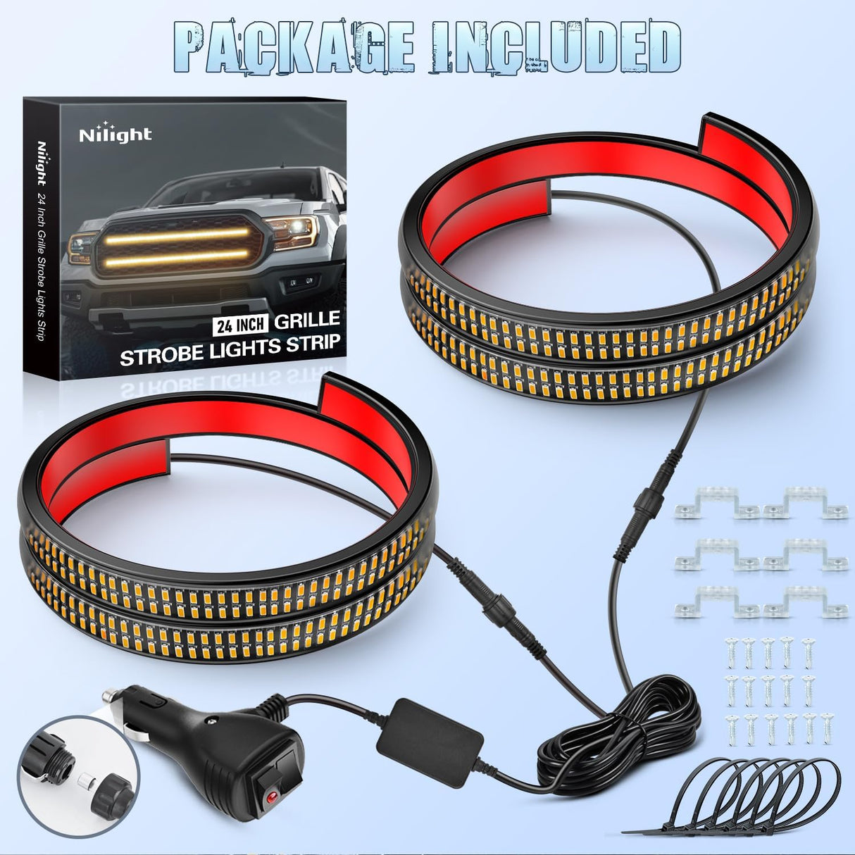 2PCS 24 inch Truck Grille Strobe Lights Strip 384 LED Emergency Light Amber Flexible Side Flashing Warning Caution Safety Waterproof Lighting Kit for Trucks Tow Plow Construction Vehicles