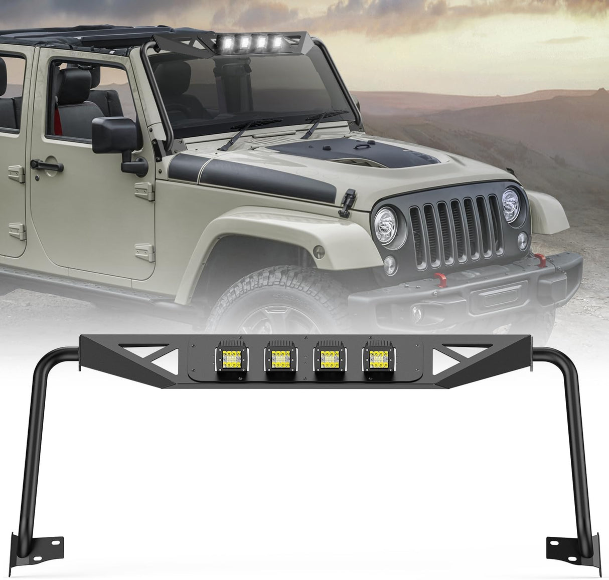 Front Windshield Frame Cover Roof Sun Visor Cowl Body Armor with 4 x LED Lights Compatible with 2007-2018 Jeep Wrangler JK JKU Unlimited, Windscreen Rack Protector Stand