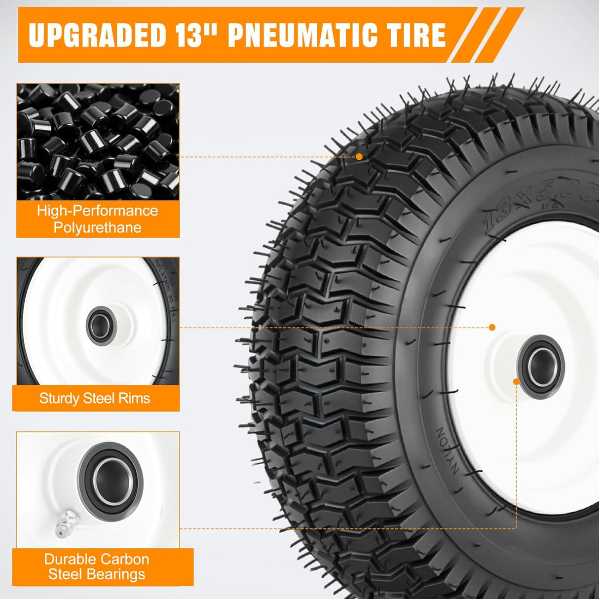 13x5.00-6 Lawn Mower Tires, 13 Inch Pneumatic Rubber Tire with 3/4 Inch Axle Bore & 3 Inch Hub Length, Air-Filled Replacement Wheels for Riding Lawn Mowers, 2 Pack