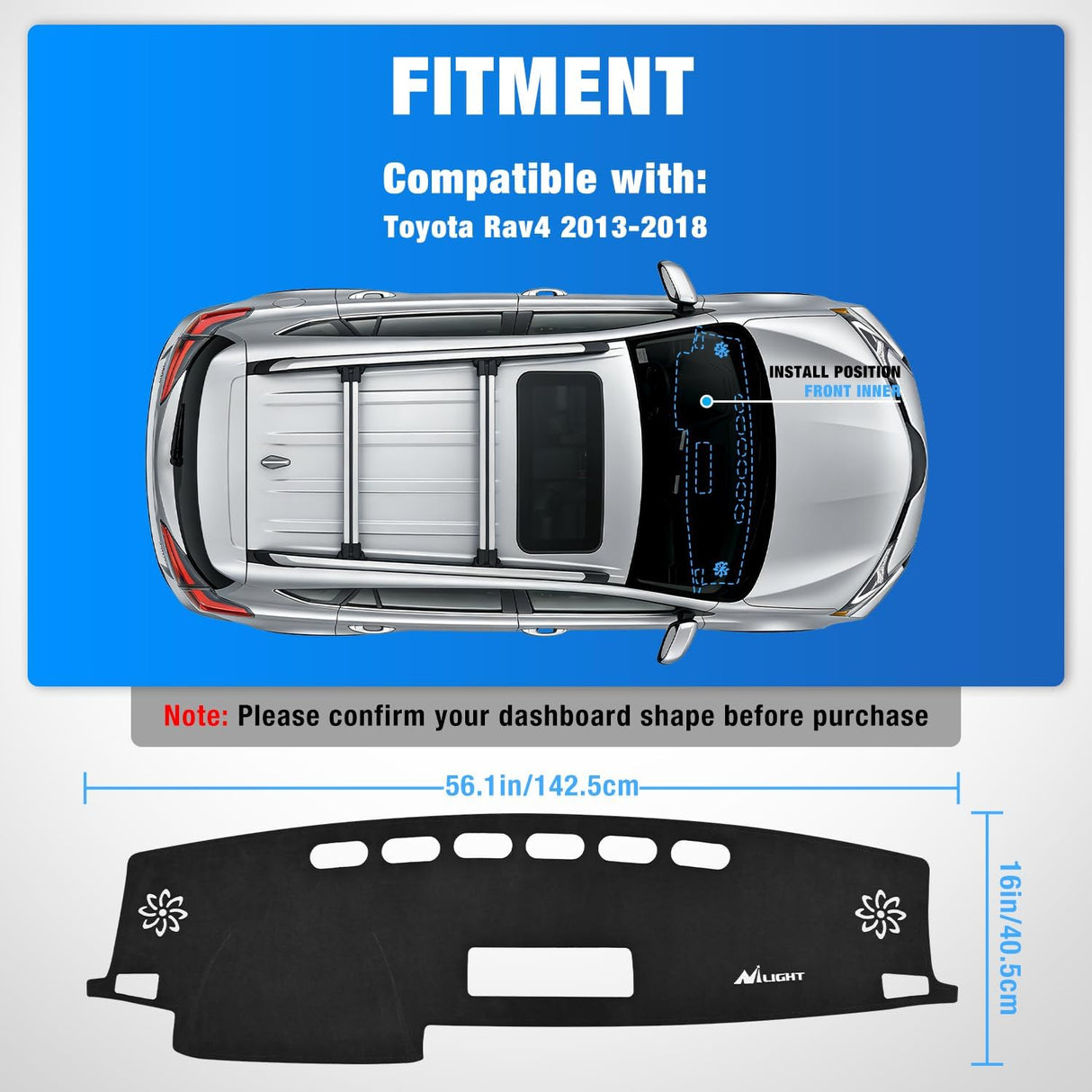 Dash Cover for Toyota Rav4 2014-2018, Custom Fit Suede Mat | Non-Slip Backing, Reduce Sun Glare and Protect the Dashboard from UV Exposure