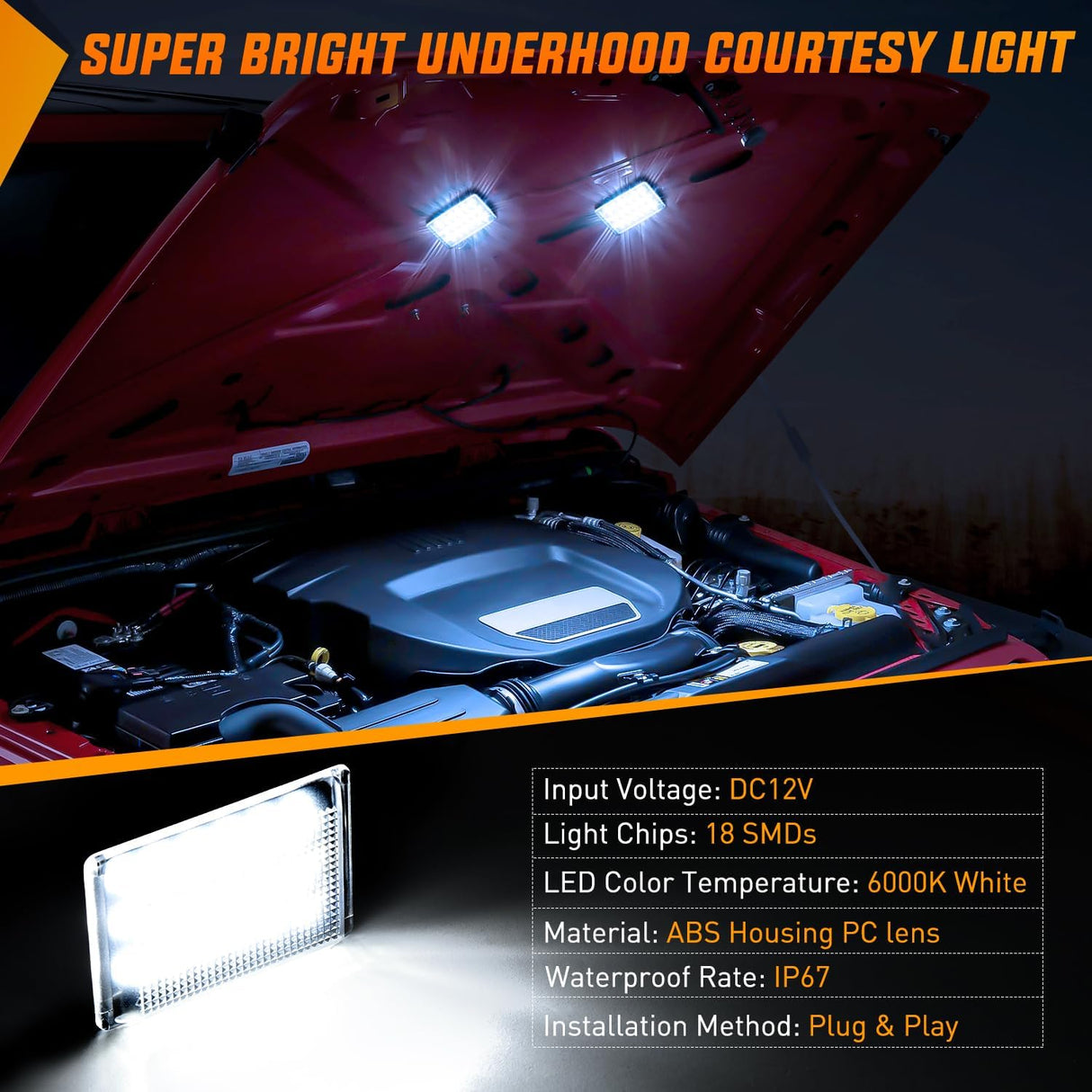 Under Hood Courtesy Light White Beam Plug and Play Compatible with 1998-2010 Dodge Ram 1500 2500 3500, 2006-2019 Dakota Charger, 1998-2001 Wrangler Grand Cherokee