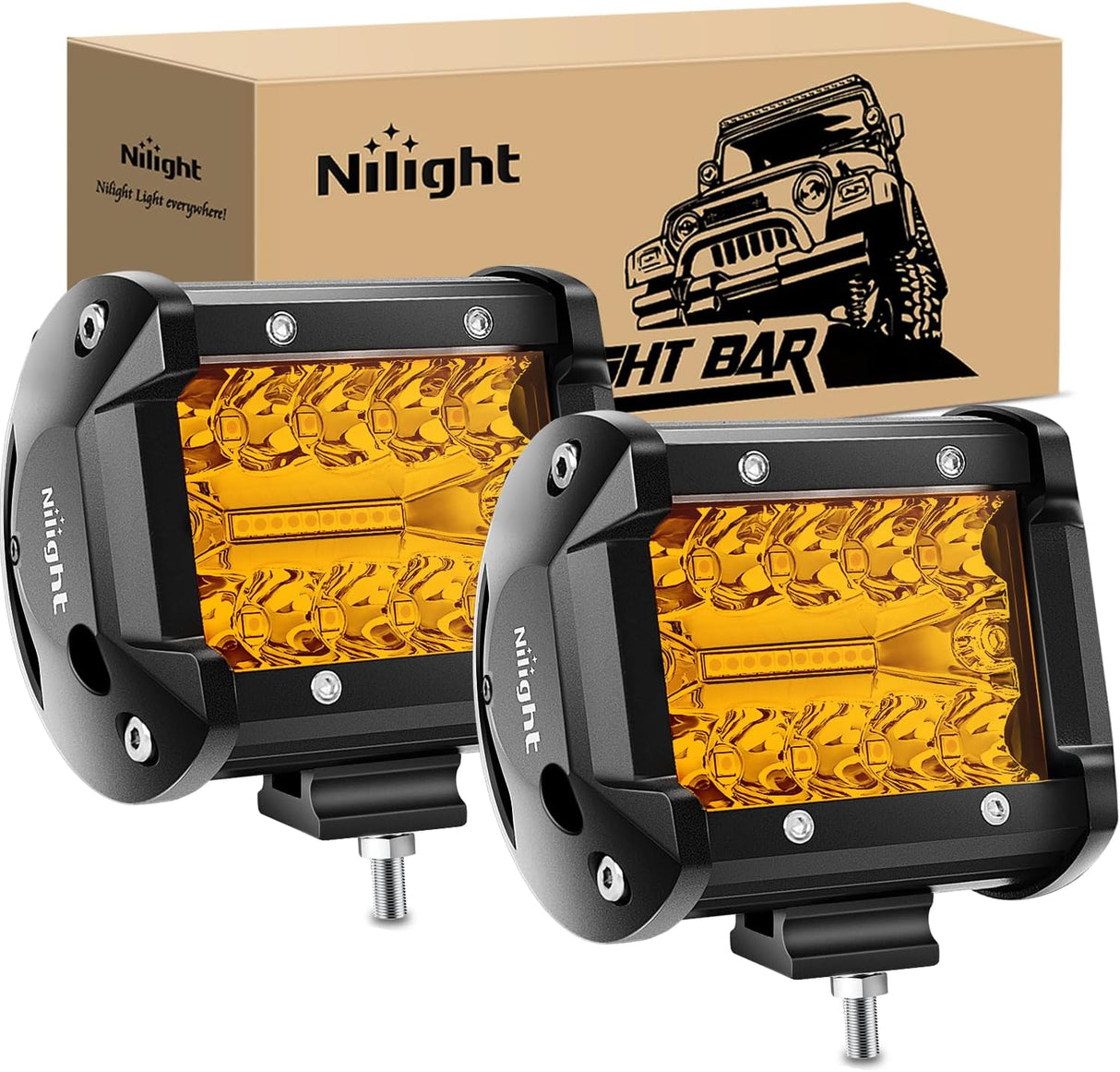 4 Inch Amber LED Light Pods 2PCS Triple Row 60W Flood Spot Combo Offroad Driving Fog Lighting for 12V 24V Pickup Truck ATV UTV SUV