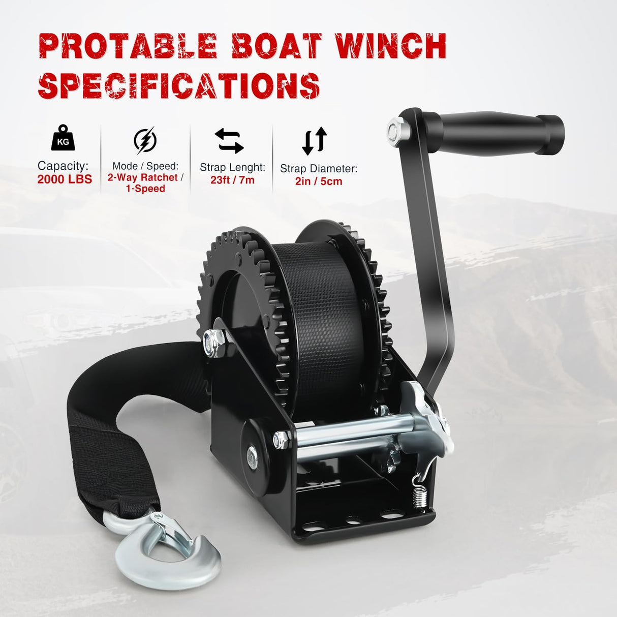 Boat Trailer Winch 2000 Lbs Hand Crank Winch Heavy Duty Boat Winches with 23Ft Strap Rope Hook 2-Way Ratchet 4:1 Gear Portable Marine Manual Winch for Trailers Boats RV ATV Jet Ski Towing