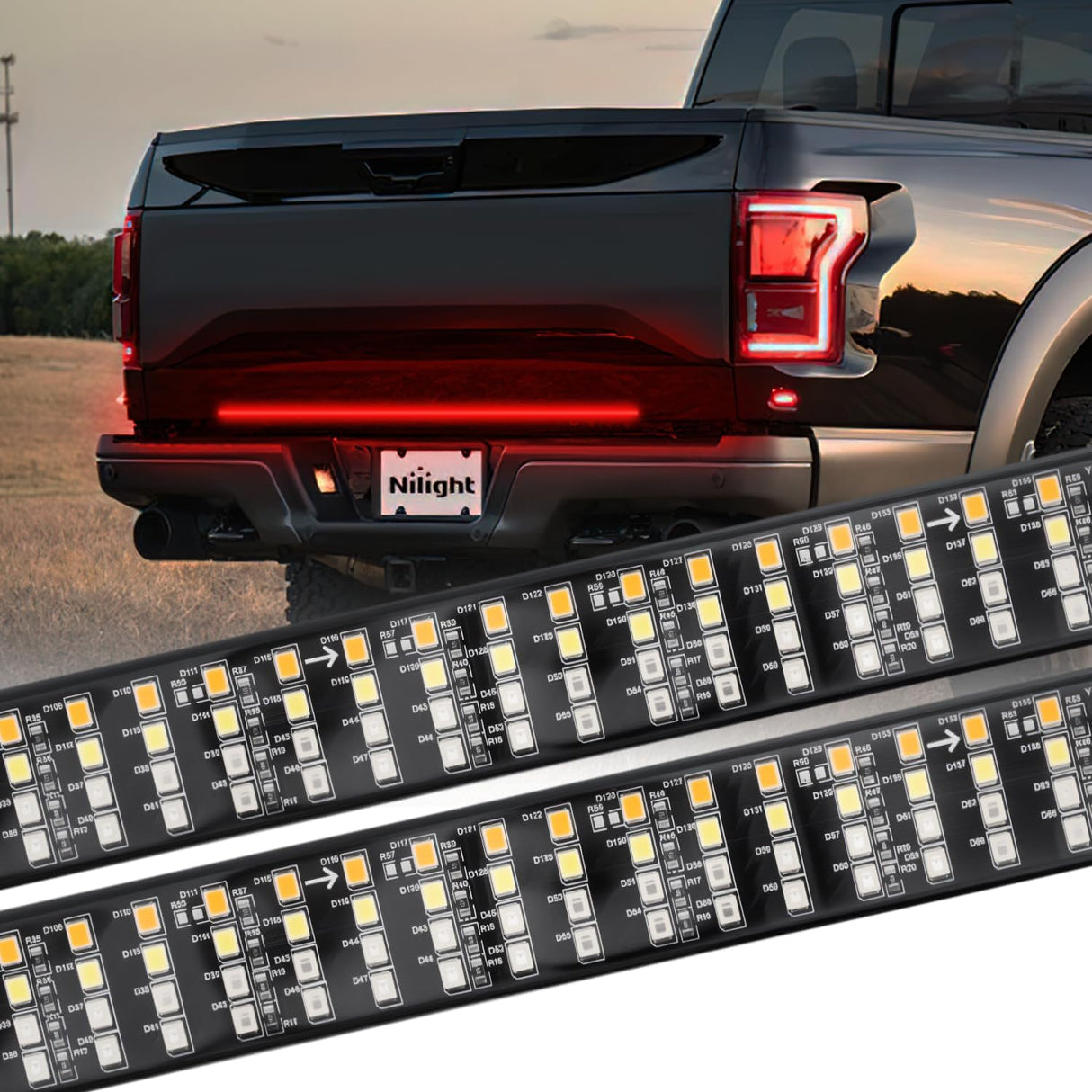 Truck Tailgate Light Strip 48 Inch Quad Row 528 LED Strip with Red Running Brake Lights White Reverse Lamp Amber Turn Signals Lights