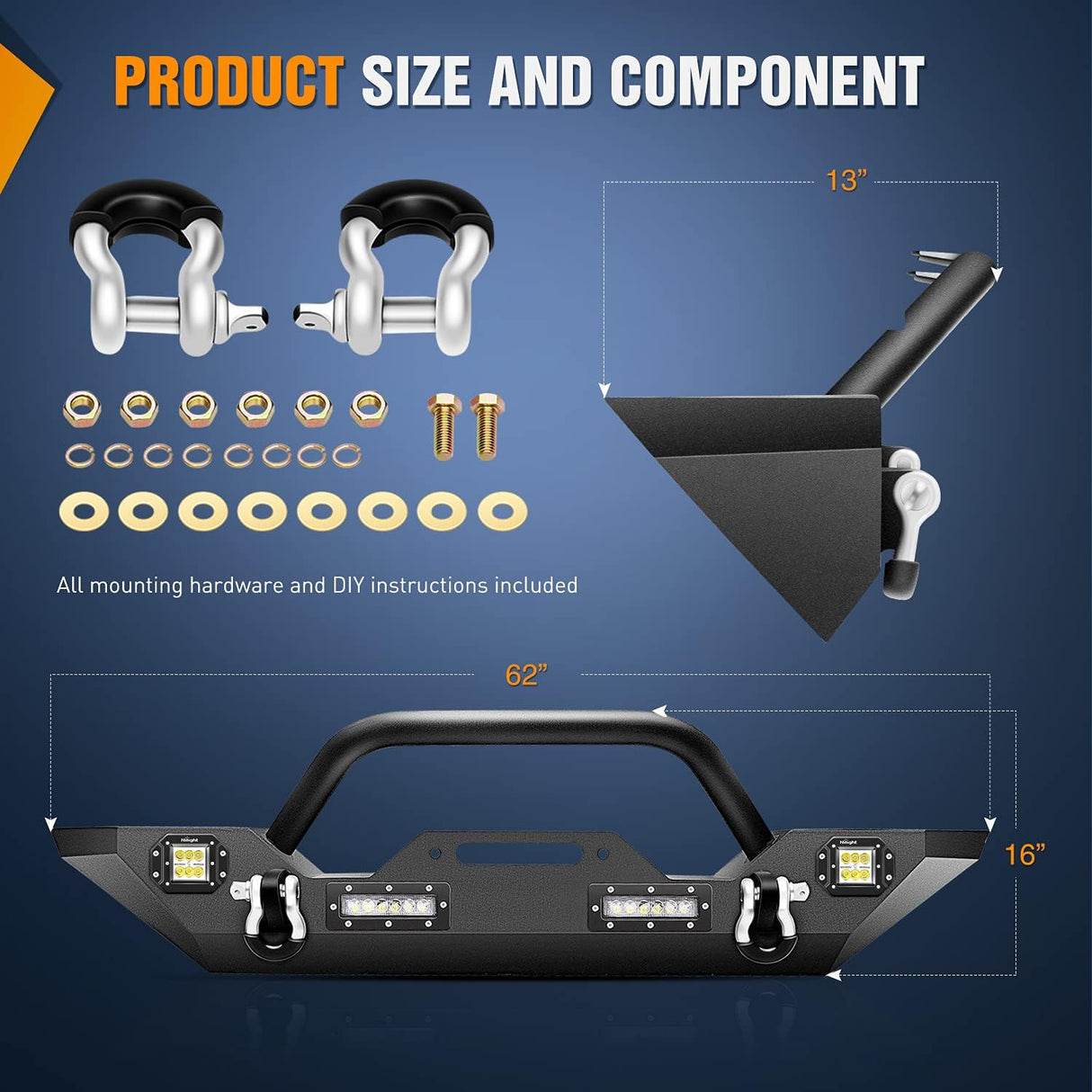Front Bumper Compatible for 07-18 Wrangler JK & Unlimited Rock Crawler Bumper with 4 x LED Lights Winch Plate and 2 x D-Rings Upgraded Textured Black
