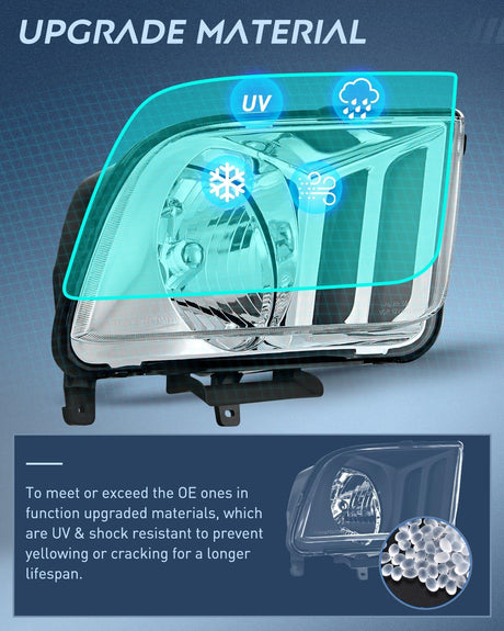 2005-2009 Ford Mustang Headlight Assembly Chrome Housing Clear Reflector Upgraded Clear Lens Nilight