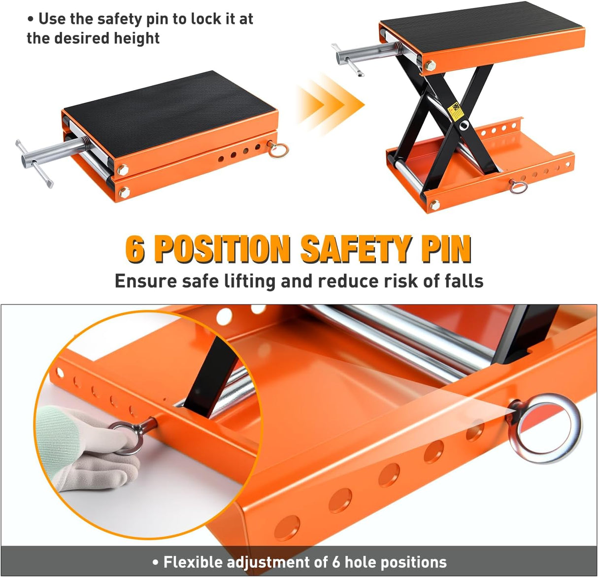 Motorcycle Lift Jack 1100 LBS Scissor Jacks Stand Lift with Wide Deck Safety Pin Handle 3.4 Inch-14.2 Inch Height Adjustable Hoist Stand Garage Repair Lifter for Motorcycles ATV Dirt Bike, Orange