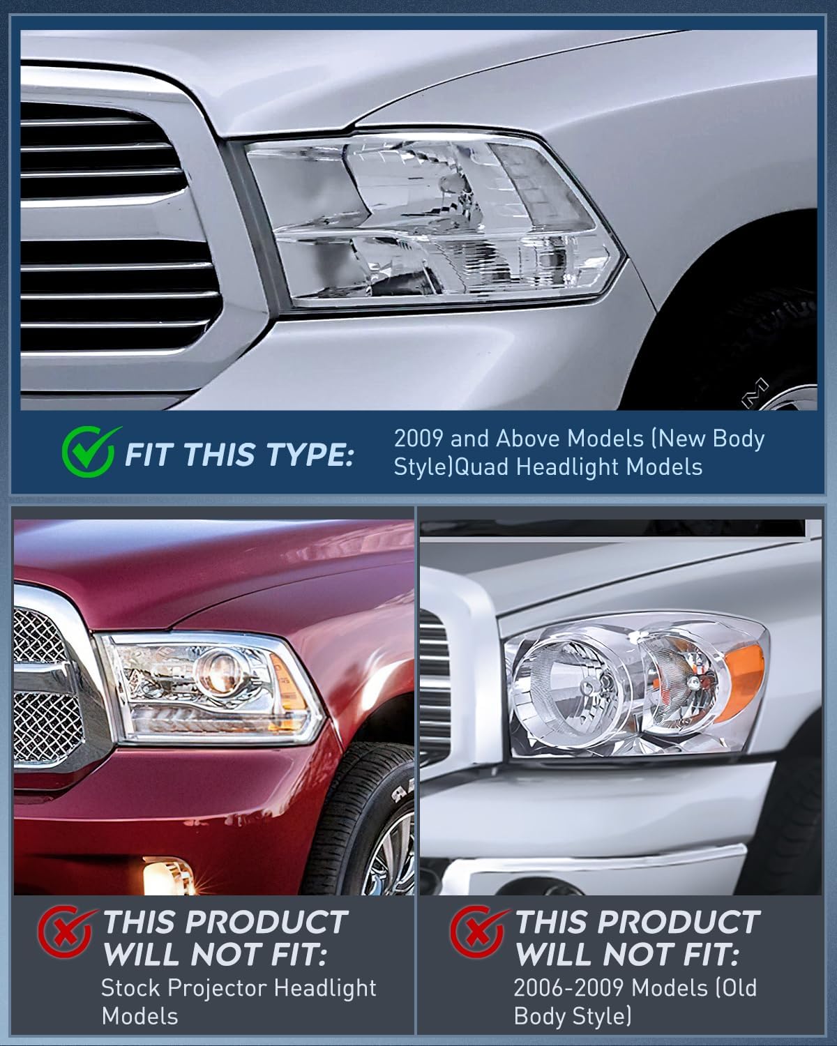Headlight and Taillight Assembly Combo Compatible with 2009 2010 2011 2012 2013 2014 2015 2016 2017 2018 Dodge Ram for Quad Models Chrome Housing Clear Reflector with Red Housing Tail Light