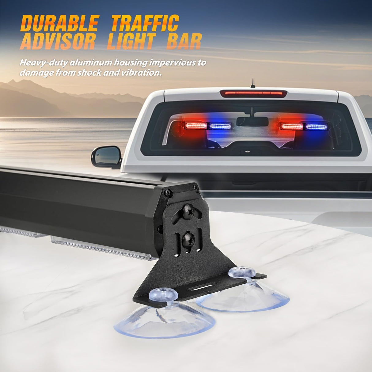 40LED Blue Red Emergency Strobe Traffic Advisor Light Bar with Suction Cups Dash Safety Warning Hazard Flashing Lights Interior Front/Rear Windshield for Trucks Construction Vehicles