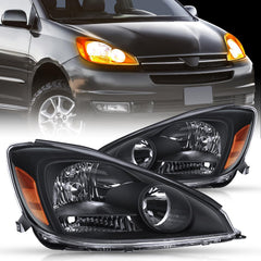 2004 2005 Toyota Sienna Headlight Assembly Black Housing Amber Reflector Upgraded Clear Lens