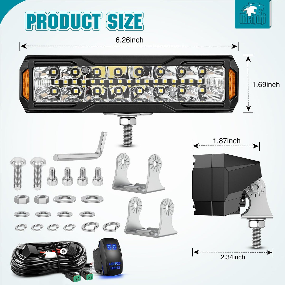 6 Inch LED Light Bar 2PCS 50W Spot Flood Combo Lamps | Off Road Driving Work Fog Lights IP67 Waterproof with 18AWG Rocker Switch Wiring Harness Kit for Truck Pickup SUV ATV UTV