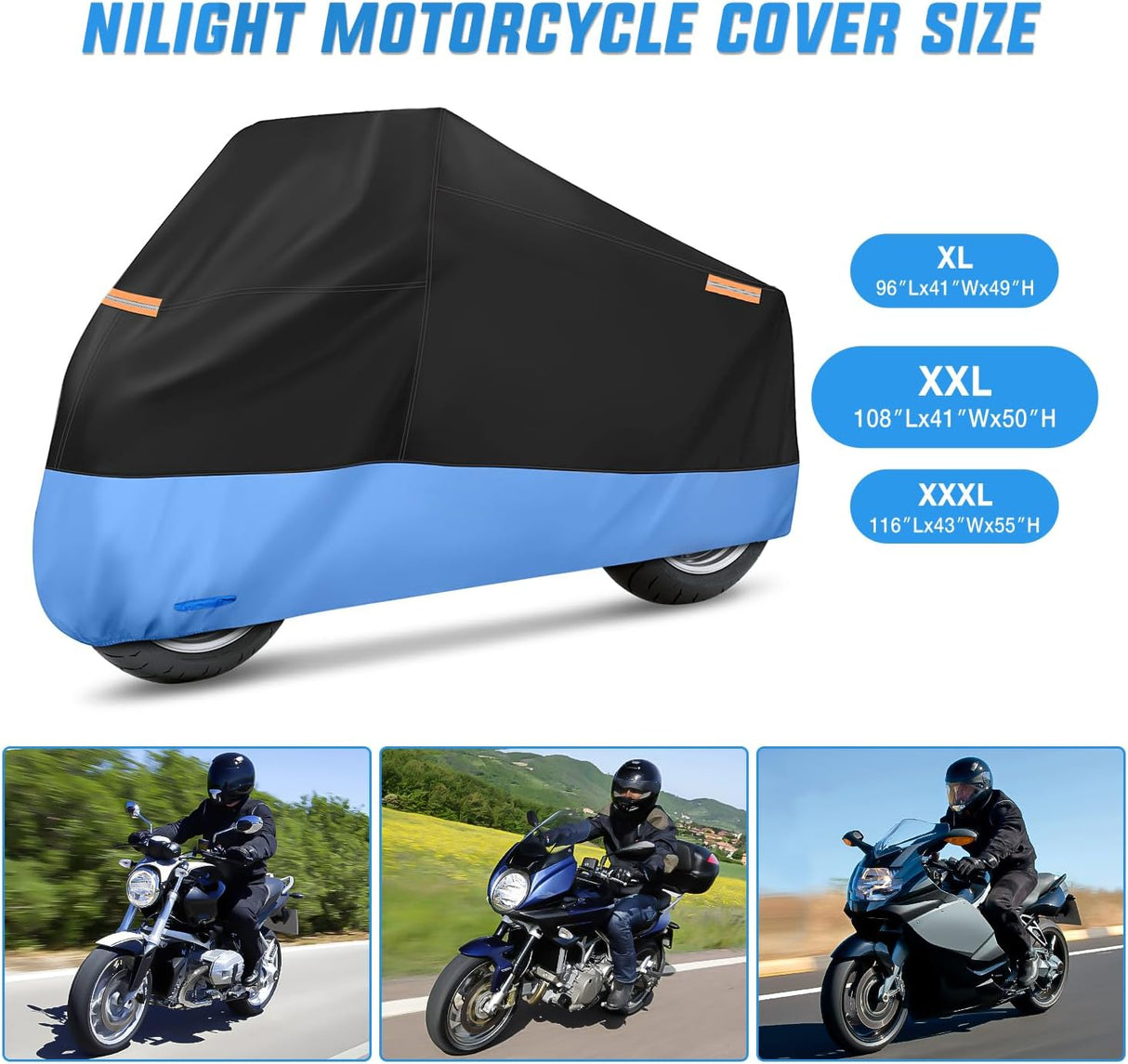 Motorcycle Cover with Lock-Hole Storage Bag & Protective Reflective Strip Fits up to 108 Inch Nilight