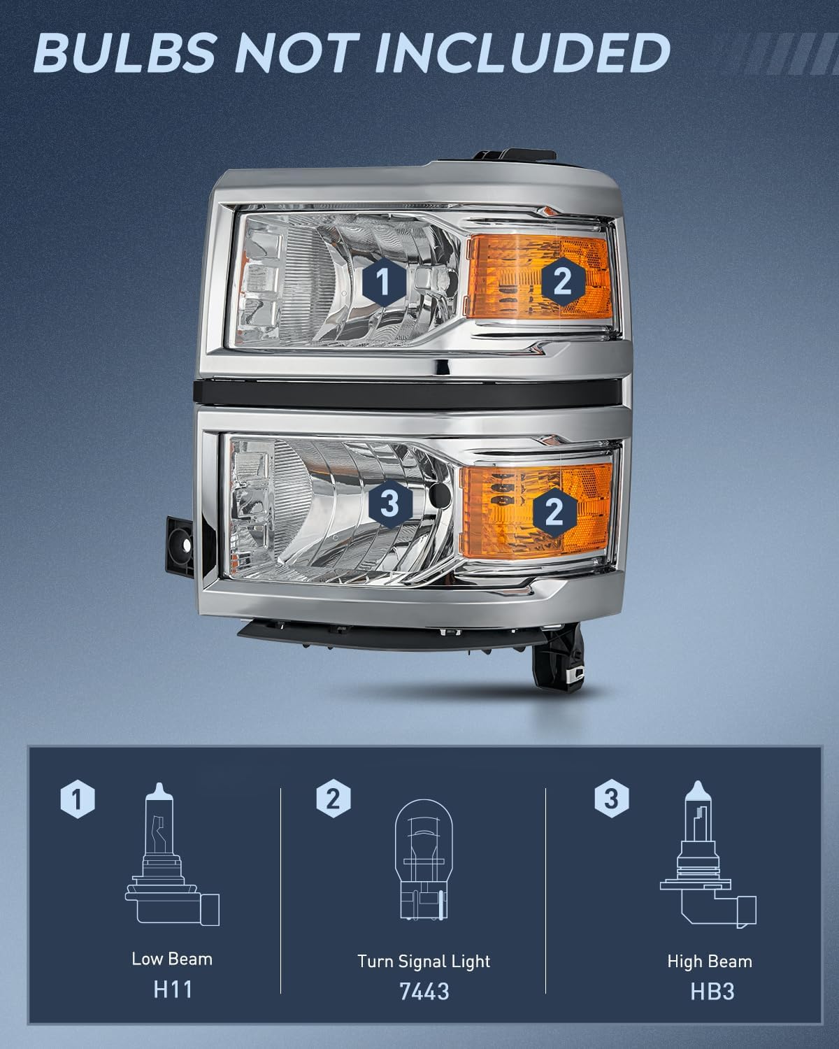 2014 2015 Chevy Silverado 1500 Headlight Assembly Chrome Housing Amber Reflector Nilight