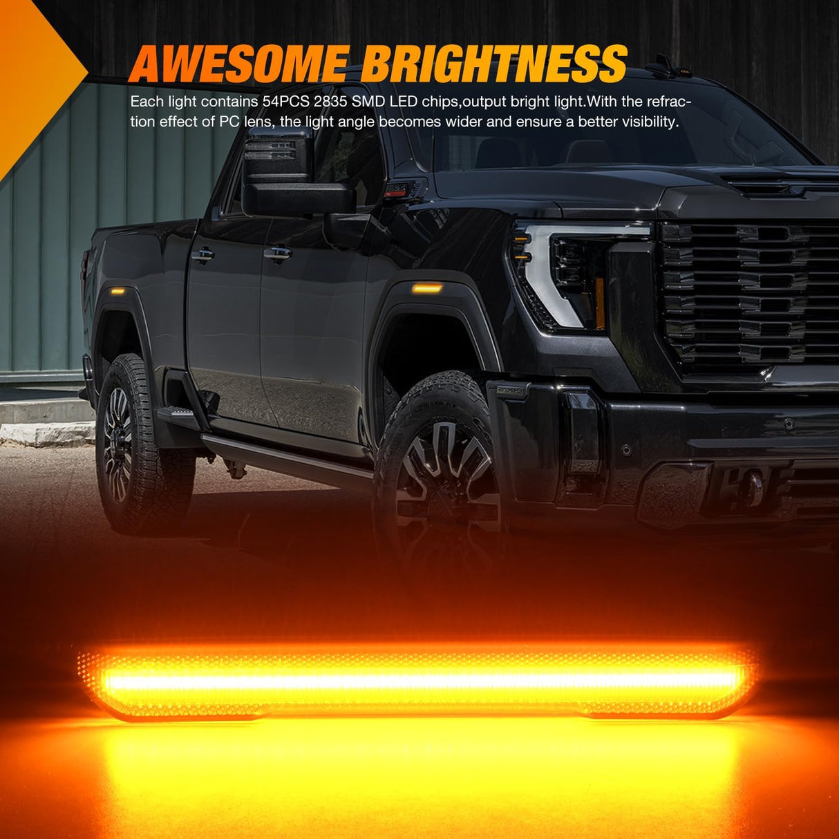 Fender Side Marker Lights 4 PCS 54 LED Smoke Lens Amber Front Rear Clearance Light Compatible with 2020 2021 2022 2023 2024 Sierra 2500HD 3500HD Pickup Truck