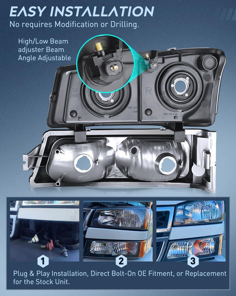 2003-2006 Chevy Silverado 1500 1500HD 2500 2500HD 3500 2007 Chevy Silverado 1500 2500 3500 Classic OE Style Black Housing Amber Reflector Headlight Taillight Assembly Nilight