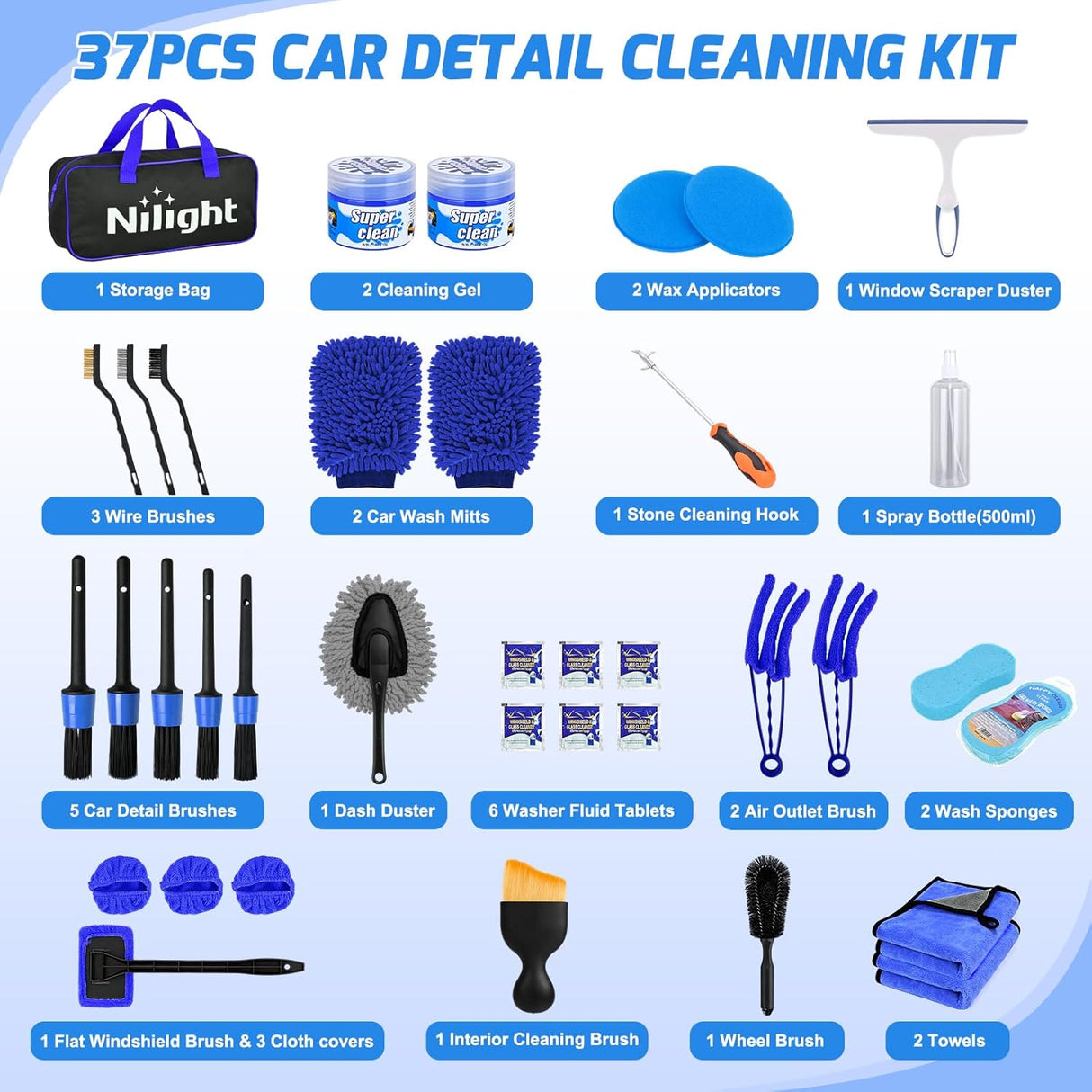 Automotive Tools 37PCS Car Detailing Kit Auto Cleaning Tools Wash Set with Storage Carry Bag Home Use for Interior Exterior Deep Clean Car Care Windshield Dashboard Seat Air Vents Wheels Tires, Blue