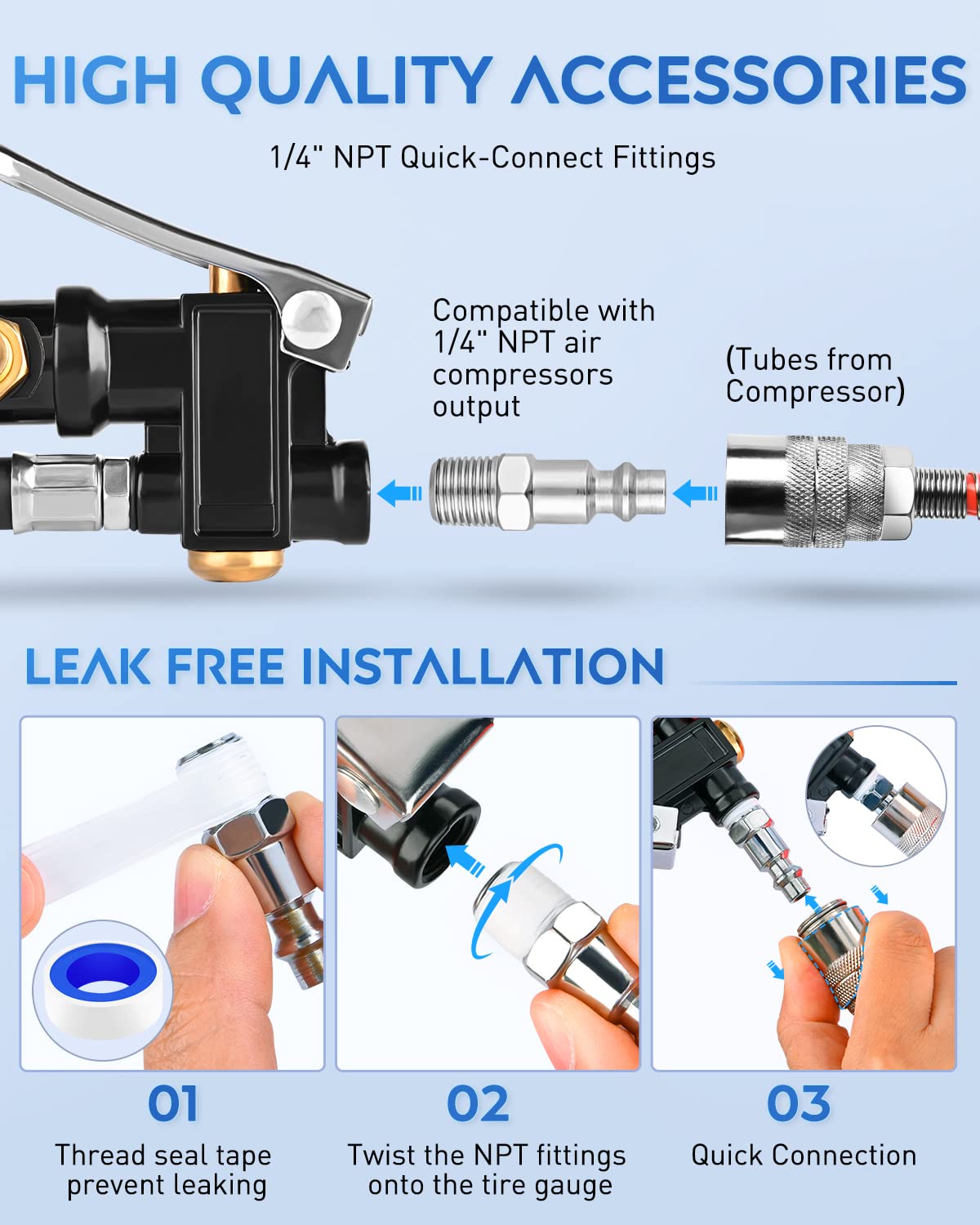 Digital Tire Inflator Pressure Gauge 250PSI Rubber Hose Quick Connect Coupler Nilight