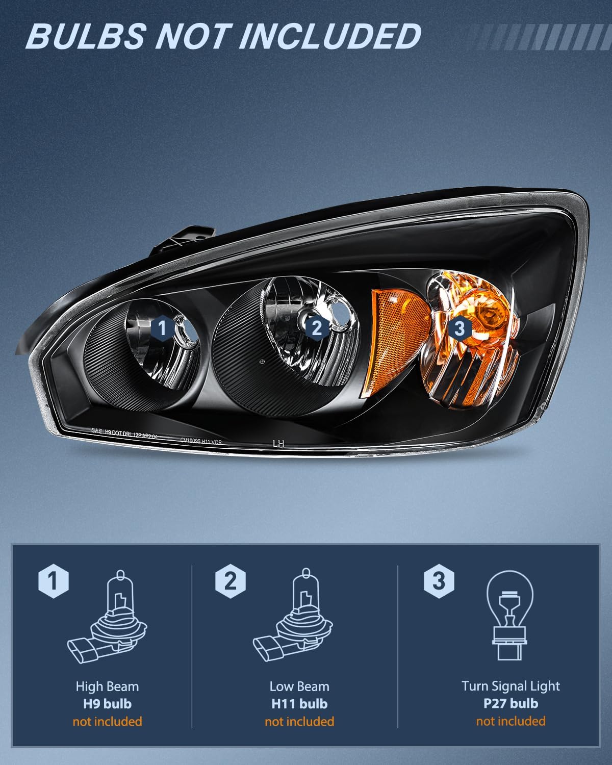 Headlight Assembly fit 2004-2007 Chevy Malibu 2008 Classic | 2004-2007 Chevrolet Chevy Malibu 2008 Classic OE Headlamp Replacement Black Housing Amber Reflector