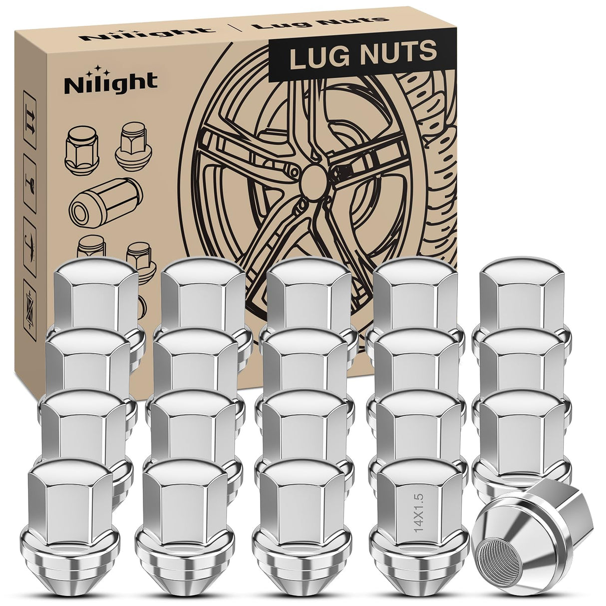20PCS M14x1.5 Lug Nuts Compatible with 2012-2018 Ram 1500 | for 2019-2022 Jeep Wrangler/Gladiator 2011-2024 Grand Cherokee One-Piece Solid Chrome Steel OEM Factory Wheel Nuts Replace