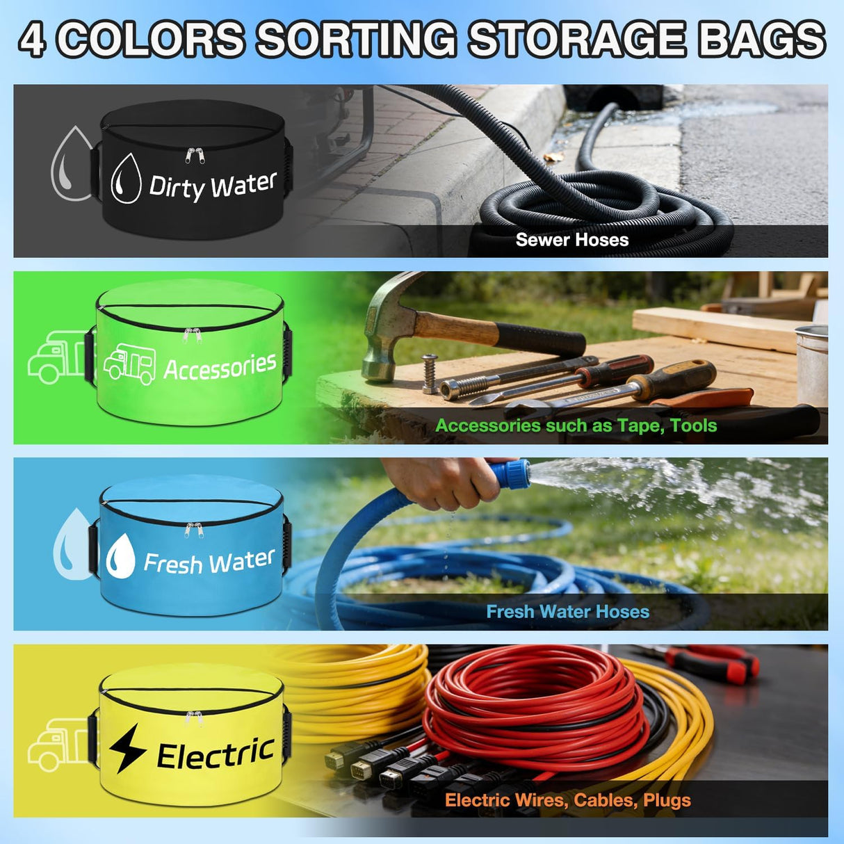 4 Pack RV Hose Storage Bag, Waterproof Utility Bag with Dual Zipper Closure, Handle & Straps RV Storage and Organization for Sewer, Fresh Water Hoses Electrical Cords Camper Tools Accessories