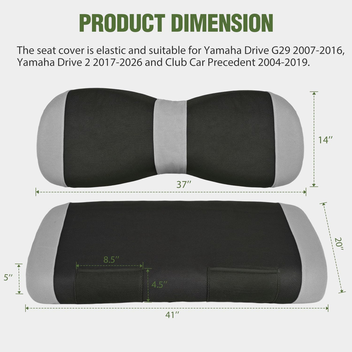Golf Cart Front Seat Cover 1PC Grey Black Yamaha Drive G29 Drive2 | Breathable Sun Scratch Resistant Washable No Staple Fits 2007-2016 Yamaha G29 2017-2026 Drive2 2004-2019 Club Car Precedent