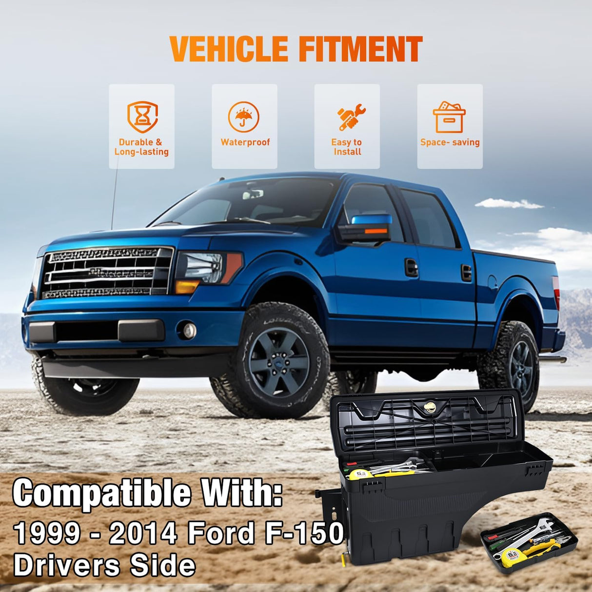 Truck Bed Tool Box Left Drivers Side Truck Tool Box Fit for Ford F-150 1999-2014 ABS Swing Case Truck Bed Storage Box with Lockable Lid Waterproof Wheel Well Toolbox Black
