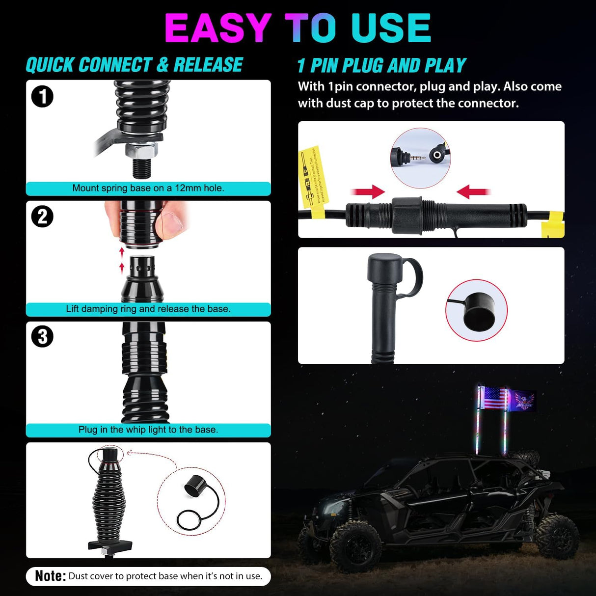 LED Whip Light 1 PC 3FT COB RGB Lighted Antenna Whips with Spring Base Remote & App Control DIY Chasing Patterns for Can-am Offroad ATV UTV RZR Polaris Dune Buggy 4-Wheeler Truck