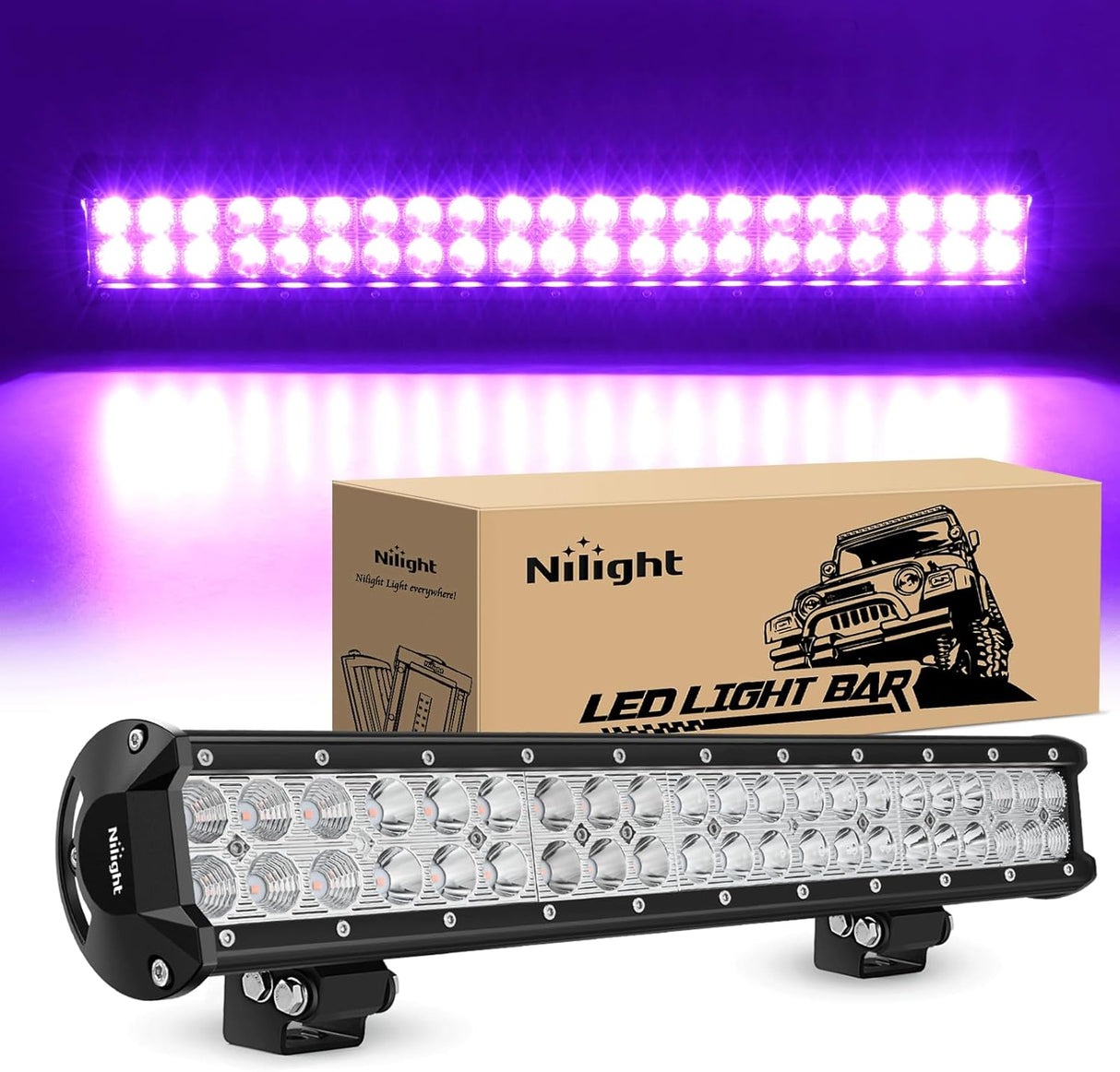 LED Light Bar 20 Inch 126W Spot Flood Combo Purple Beam Off Road Lamp Fishing Hunting Emergency Deck Work Lighting for Trucks UTV Pick-up Van Boat Tractor