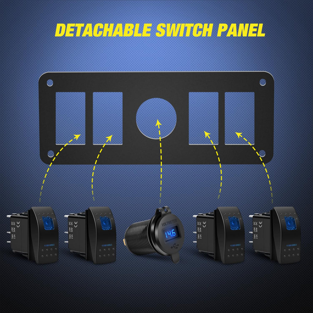 4Gang Aluminum 5Pin ON/Off Blue Rocker Switch Panel w/ PD Type C & QC 3.0 Dual USB Charger Voltmeter Nilight
