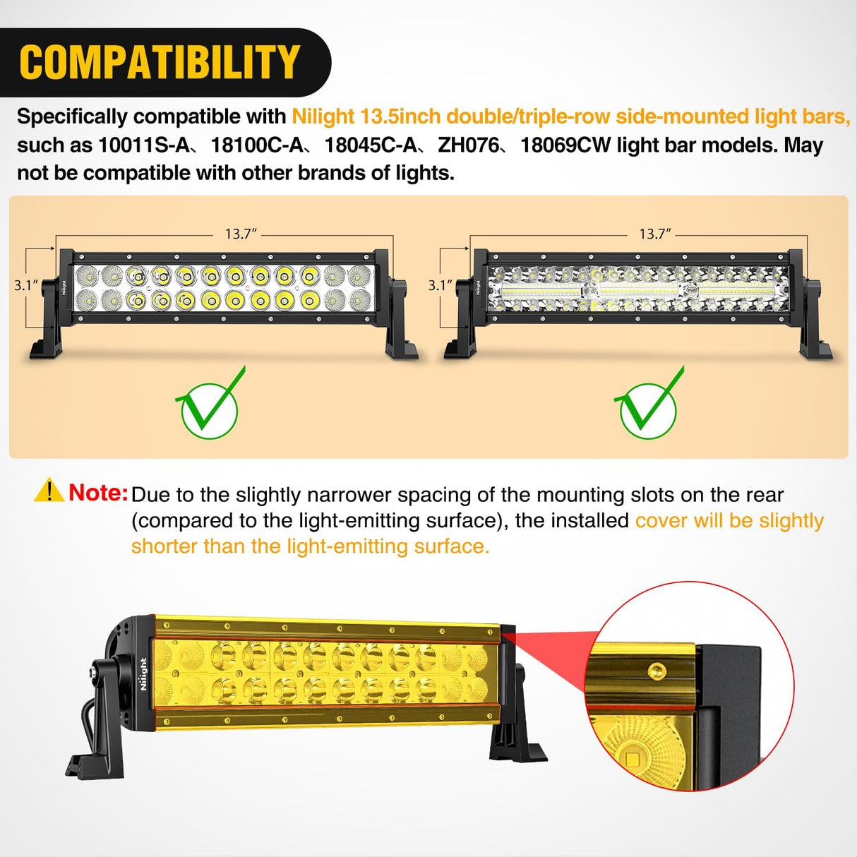 13.5 Inch Spot Flood Combo LED Light Bar Yellow Cover | Protective Durable Polycarbonate Lens, Waterproof Dustproof Scratch-Proof for Side-Mounted Bumper Off Road Driving Fog Lamp