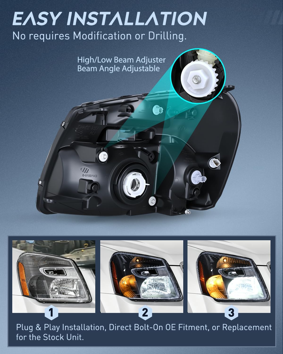 Headlight Assembly Compatible with 2005 2006 2007 2008 2009 Chevy Equinox SUV OE Style Replacement Headlights Black Housing Amber Reflector Headlamp Passenger and Driver Side