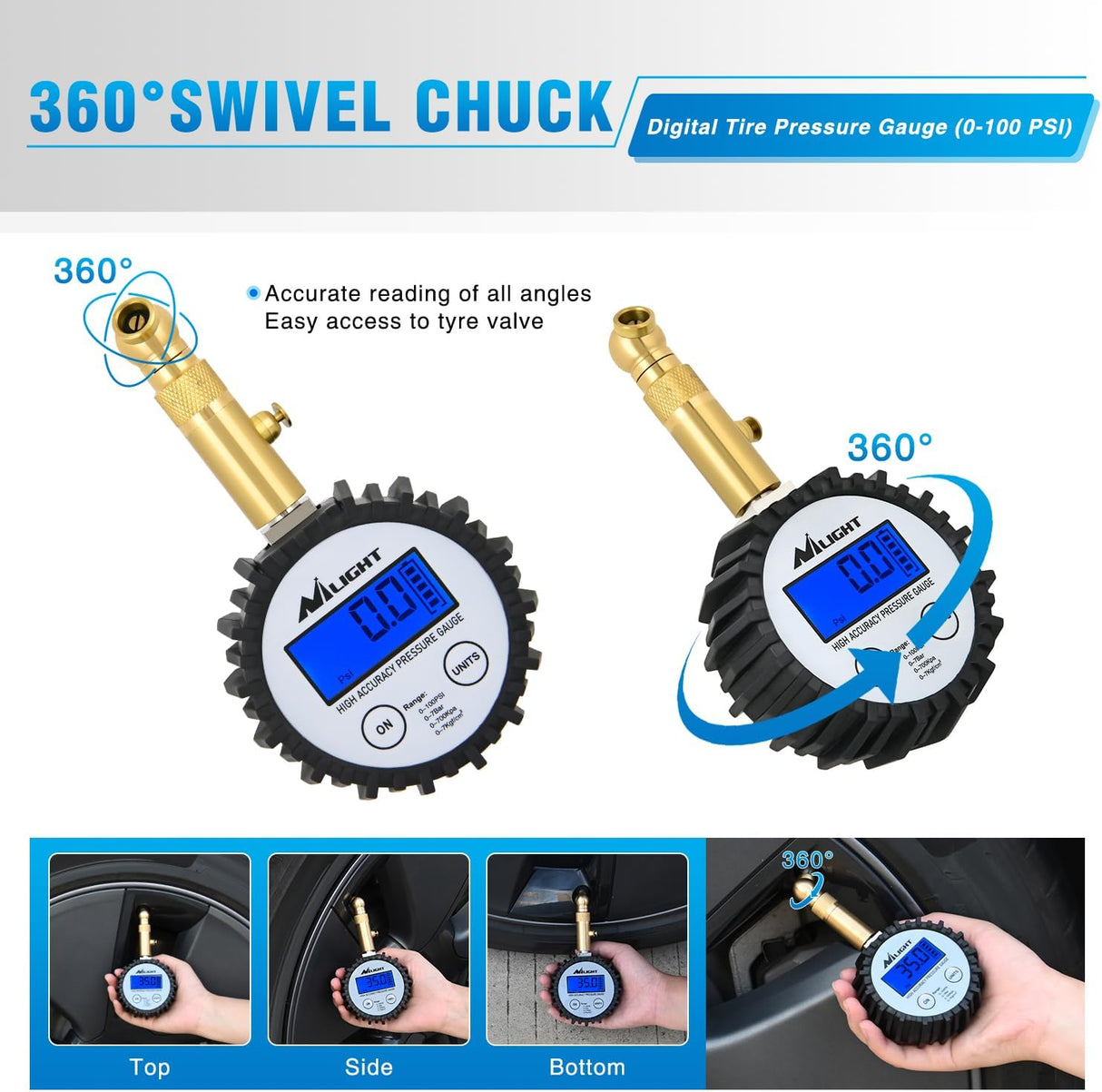 Digital Tire Pressure Gauge 100PSI Heavy Duty Stainless Steel Air Chucks ANSI 2A Certified Large Dial Wheel Service Checker for Truck Semi Truck ATV Motorhome Cars & RV Accessories