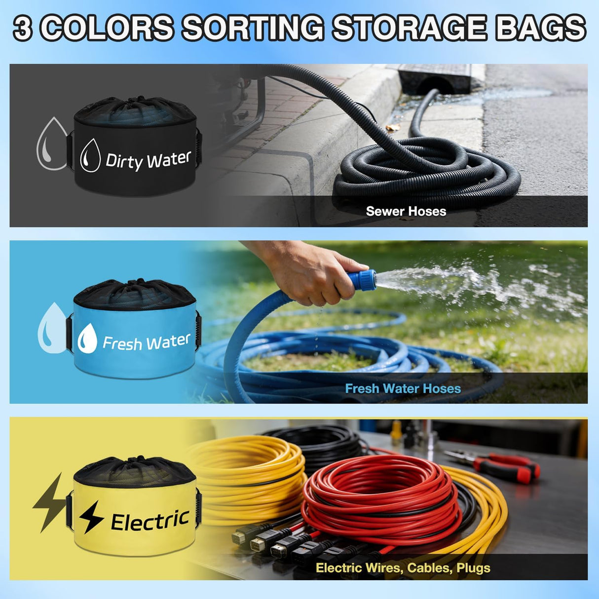 3 Pack RV Hose Storage Bag, Waterproof Utility Bag with Drawstring Mesh Top RV Storage and Organization Bags Container for Sewer, Fresh Water Hoses Electrical Cords Camper Tools Accessories