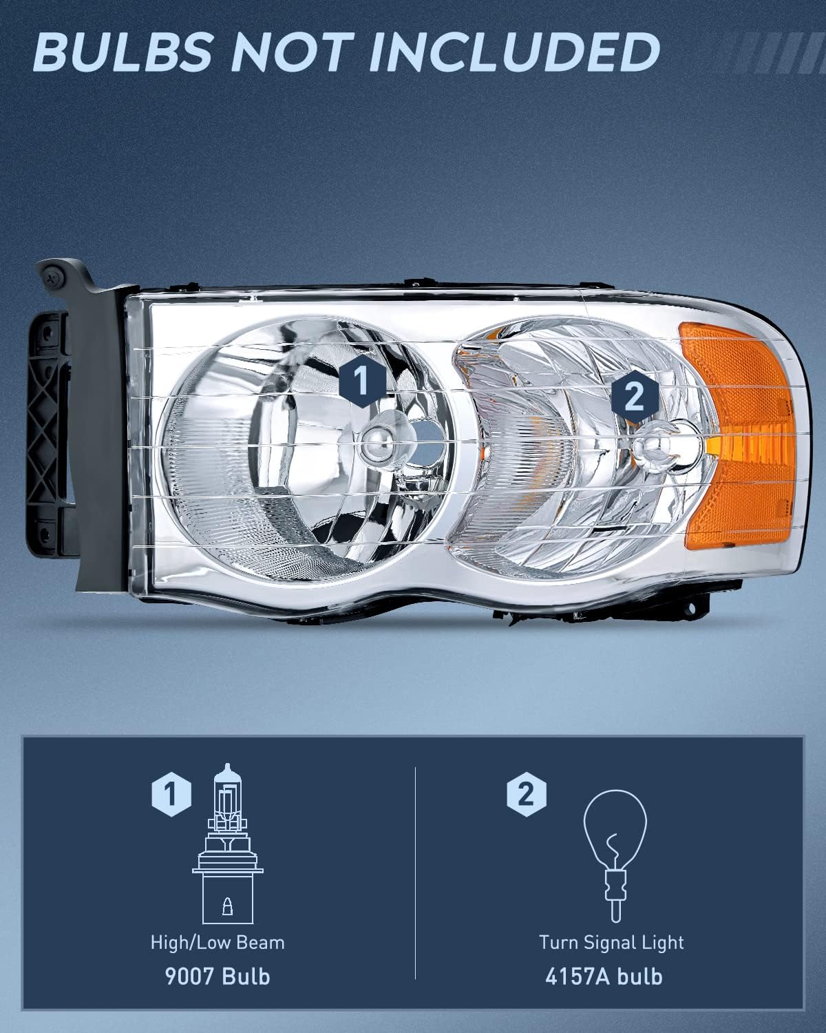 Headlight and Taillight Assembly Combo Compatible with 2002 2003 2004 2005 Ram 1500 2500 3500 Chrome Housing Amber Reflectors Headlamp with Red Tail Light